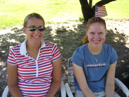 Sarah (left) and Shauna flying the flag