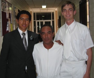 Photo of Elder Hernandez and Elder Willoughby ready to baptize