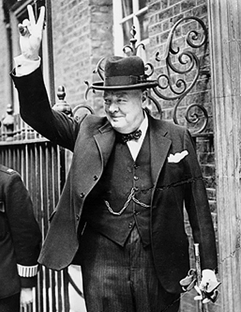 Winston Churchill at Downing Street giving his famous V sign in June 1943