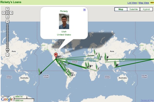Kiva Map showing Rickety micro finance loans over the globe