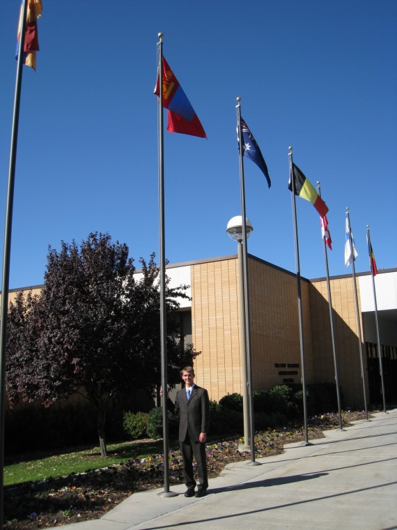 Elder Willoughby by the Mongolian flag on the day he entered the MTC