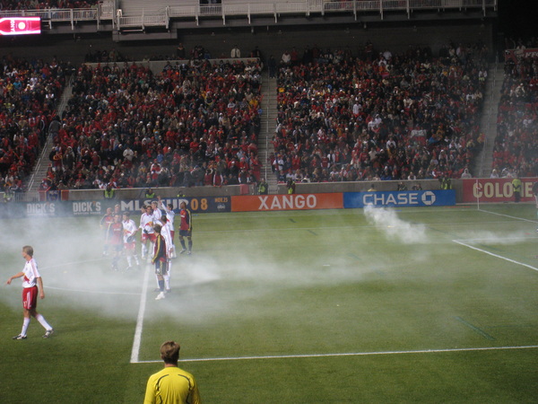 Smoke bomb in the Red Bull goal.