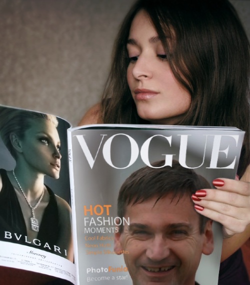 An admirer checks out my spacesuit photographs in Vogue magazine.