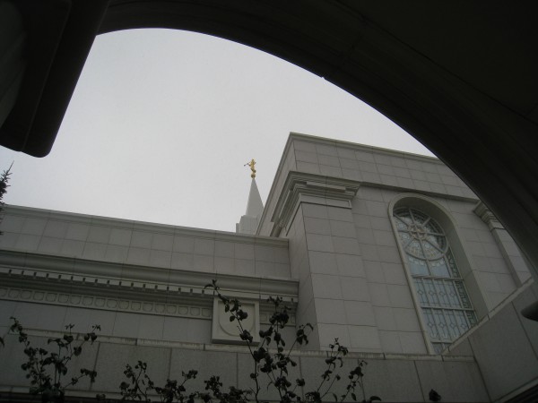 The angel Moroni viewed from the temple porch