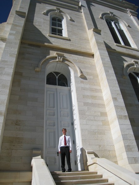 My son Daniel shows how tall the temple doors are