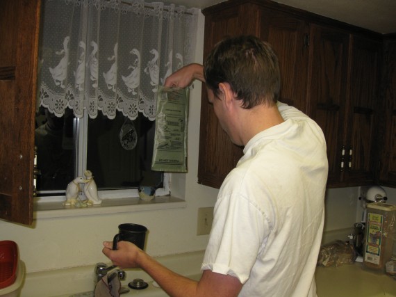 Paul filling the heater bag with a small amount of water.