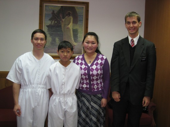 Elder Armstrong (left) and Daniel (right) and the baptism of Jargal Caikan