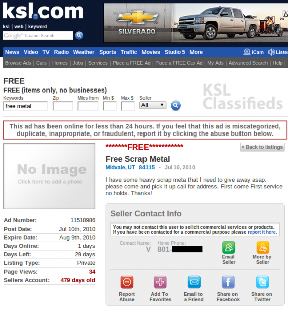 KSL Free Scrap Metal ad