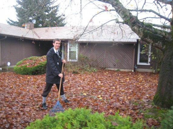 Daniel raking leaves