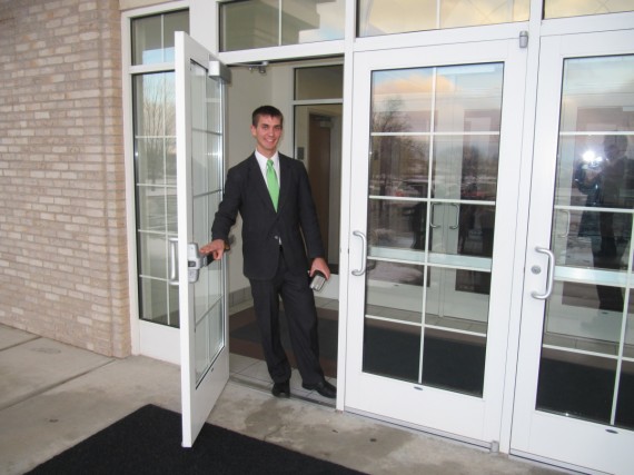 Daniel exiting the chapel after speaking in Sacrament Meeting