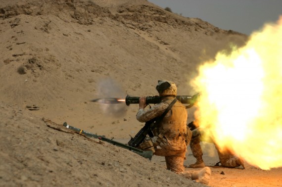 Firing AT-4 light anti-armor weapon