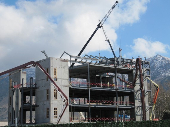 Brigham City Temple construction using all sorts of cranes