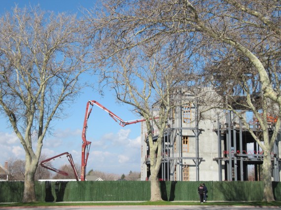 Brigham City Temple construction using bendy cranes