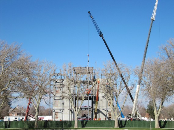 Brigham City Temple construction using tall cranes
