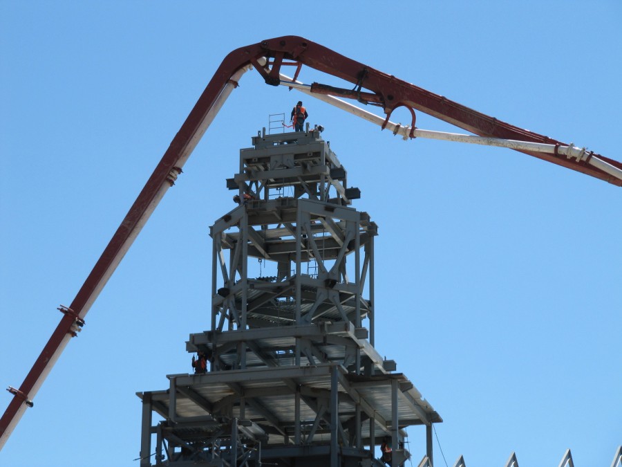 Brigham City Temple concrete pump truck boom frames east spire