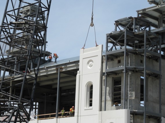 Brigham City Temple installing an upper panel on the south side