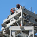 Brigham City Temple workers atop east spire Brigham City Temple workers atop east spire