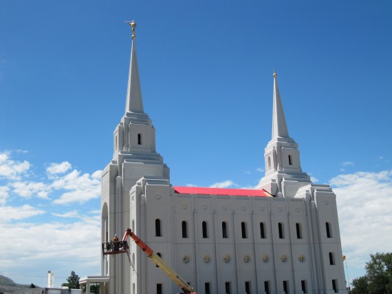 Brigham City Utah Temple Moroni atop east spire